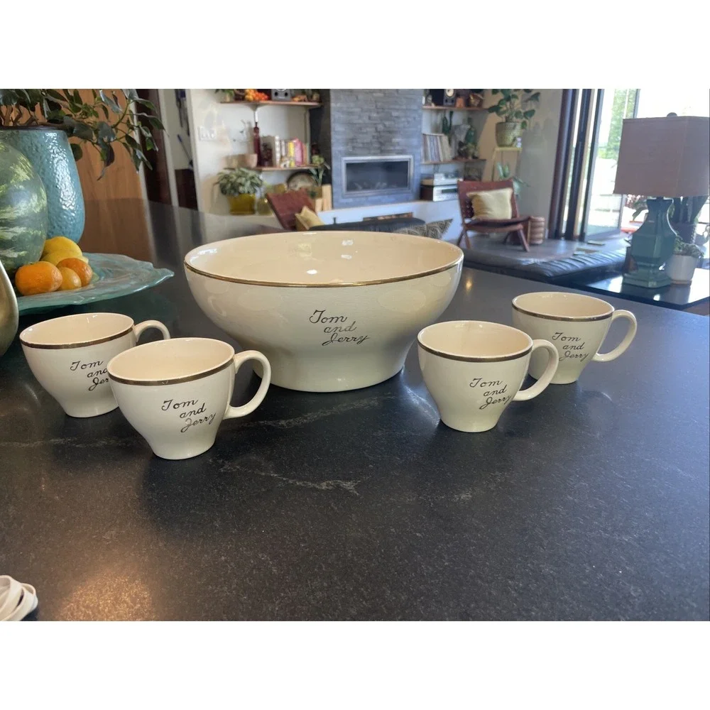 TOM AND JERRY PUNCH BOWL WITH 4 TEA CUPS UNIVERSAL CAMBRIDGE 22k Gold Rim